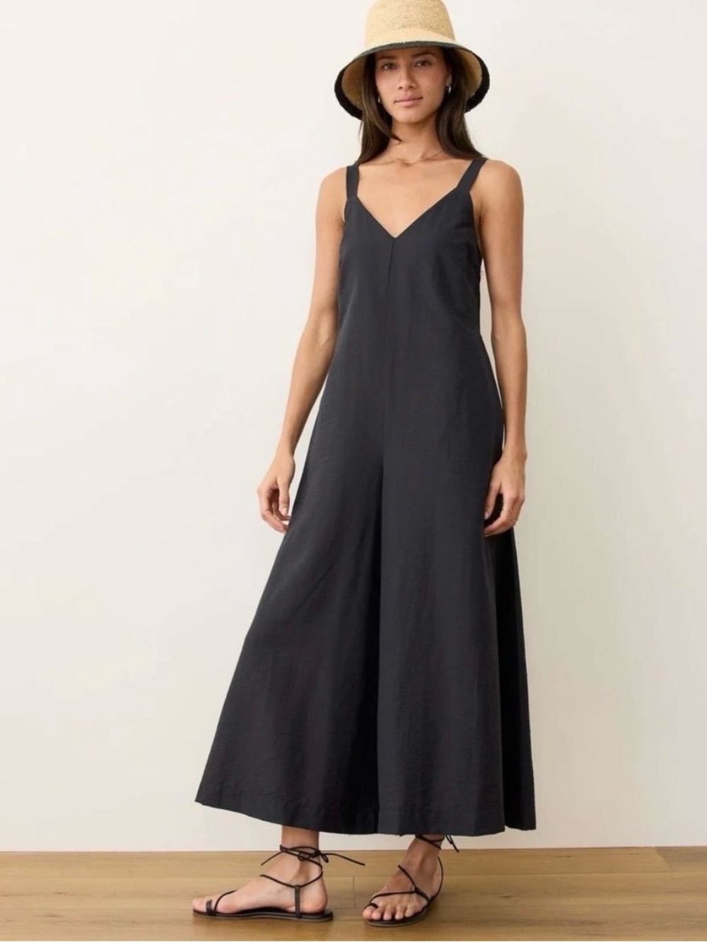 Marine Layer Cari V-Neck Jumpsuit Small Black Wide Leg Sustainable Tencel Silk